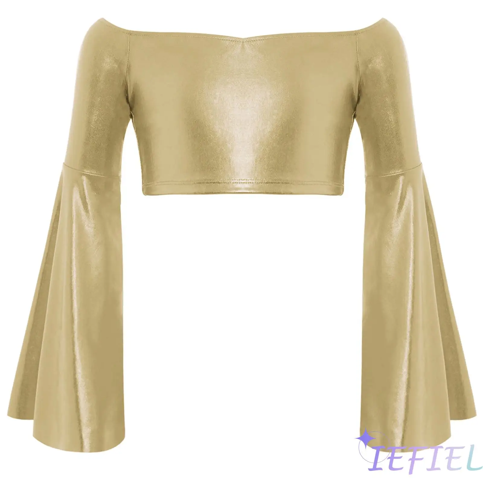 

Kids Girl Shirt Jazz Dance Top Long Flared Sleeve Off-Shoulder Metallic Crop Top for Birthday Party Stage Performance Dancewear