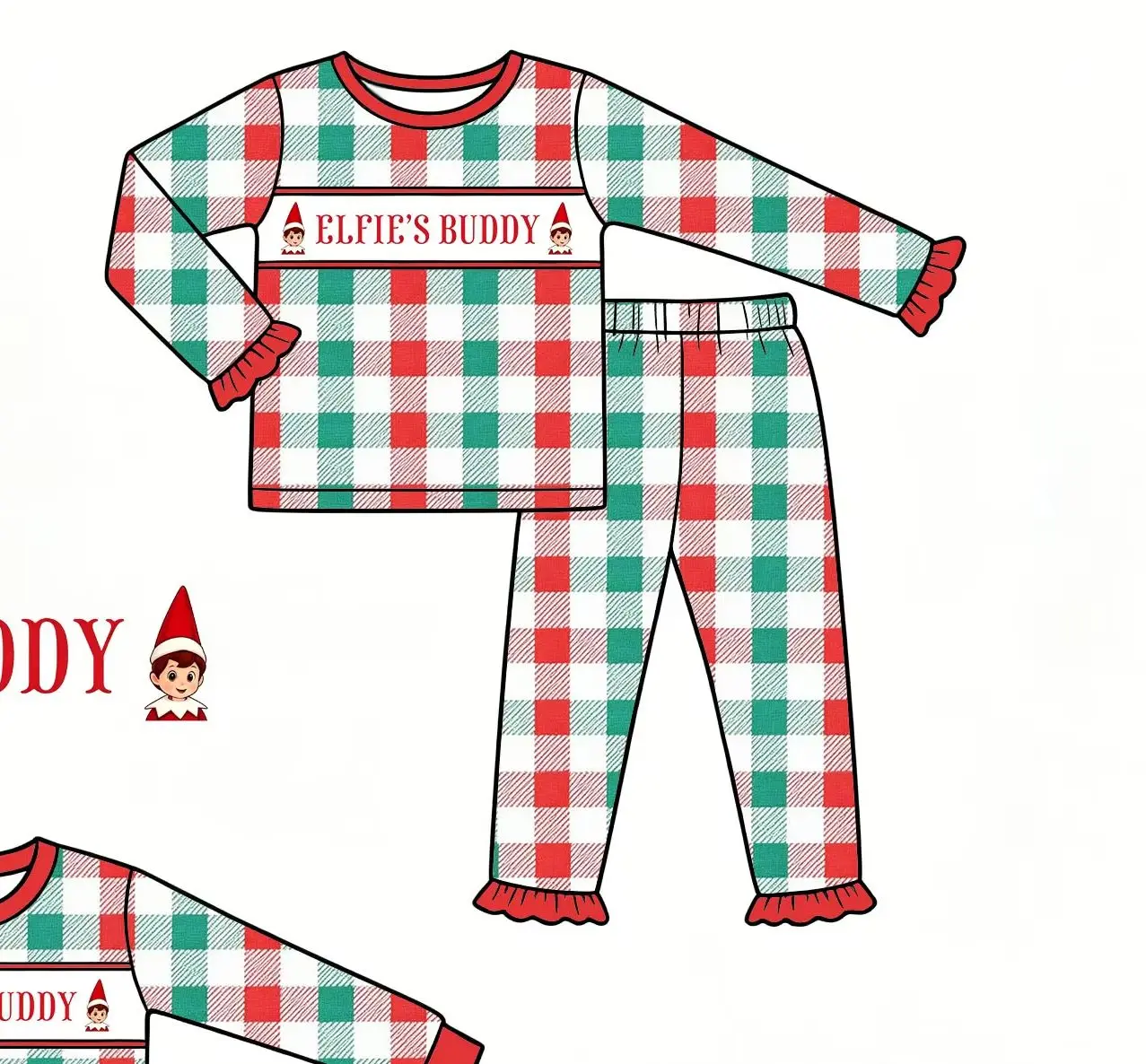 Boutique Toddler Kids Christmas Elfie's Buddy Elf Pajama Set Red Green Buffalo Plaid Long Sleeve Top Pants Outfits