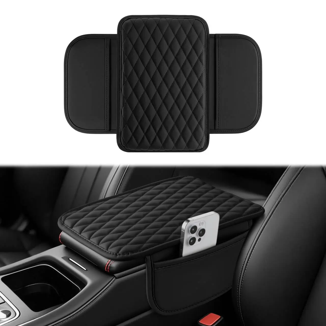 Car Center Console Armrest Cover Upgraded Leather Cushion with 2 Storage Pockets Waterproof Non-Slip Pad for Sedans SUVs Trucks