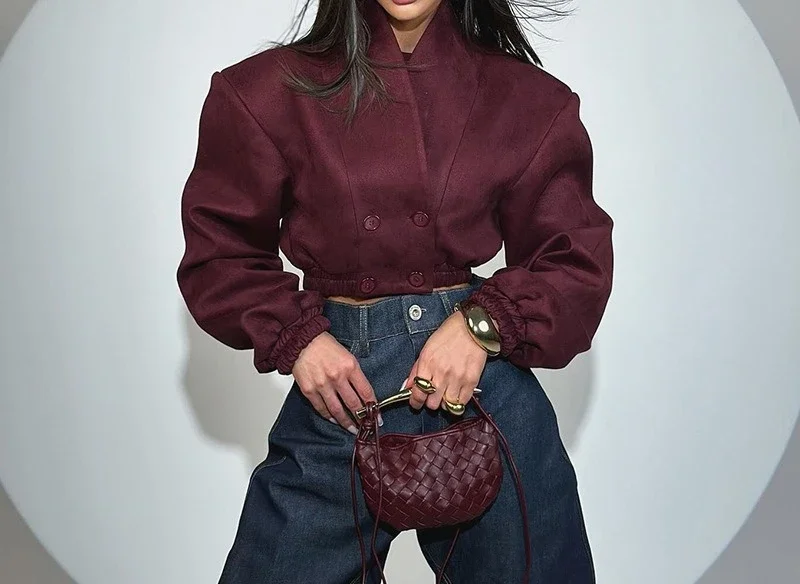 

Women's Spring 2025 New Fashion Burgundy Slim V-Neck Double-breasted Long-sleeved Cropped Jacket
