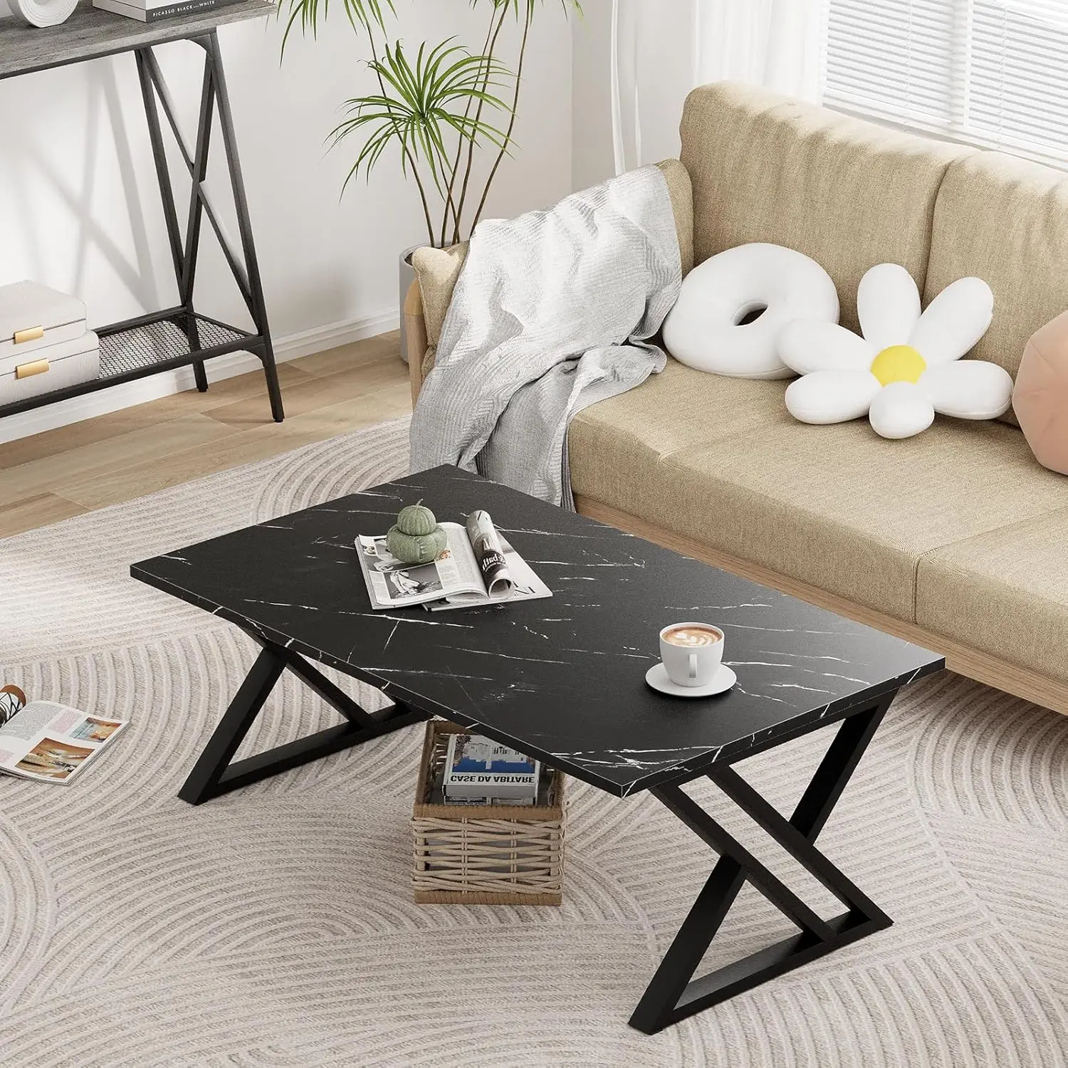 

Coffee Table Living Room Table Black Center Table, Simple Modern Faux Marble Rectangular Tea Table