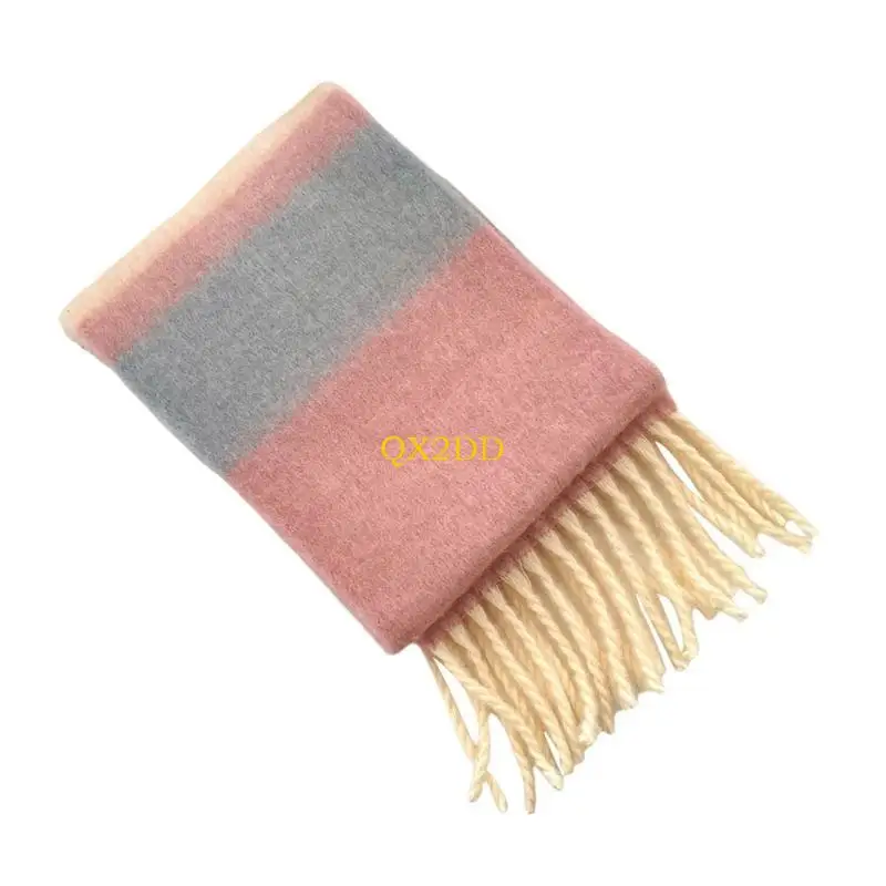 QX2D Khăn quàng cổ sọc cầu vồng đầy màu sắc cho trẻ Soft Faux Cashmere Fringe Máy giữ ấm cổ trẻ