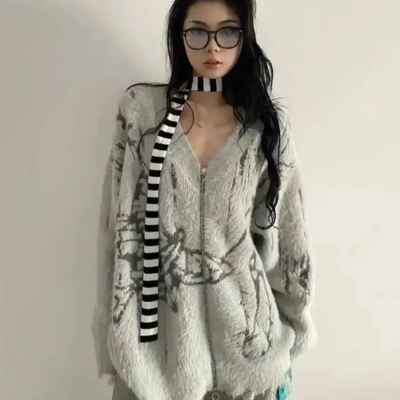 

Knitted Zipper Sweater Cardigan Autumn Winter Soft Waxy Retro Tattered Imitation Mink V-Neck Print Women Niche Chic