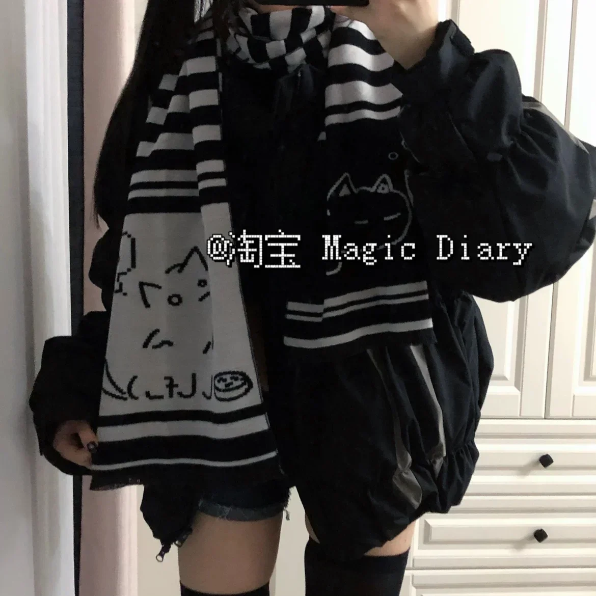 Japanese Original Scarf Lolita Cute Girl Black White Gray Versatile Cute Two-dimensional Scarf Shawl Winter Thickened Warm Scarf