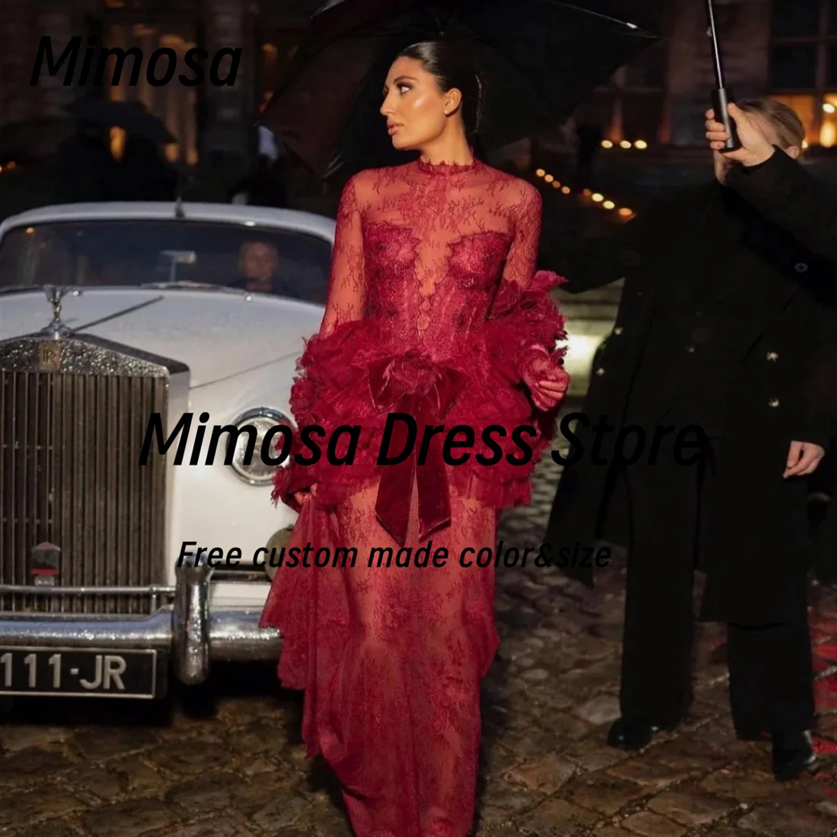

Mimosa Celebrity Women Special Occasion Wear High Collar Sexy Prom Dresses Long Sleeves Tiered Evening Party Gowns Customized