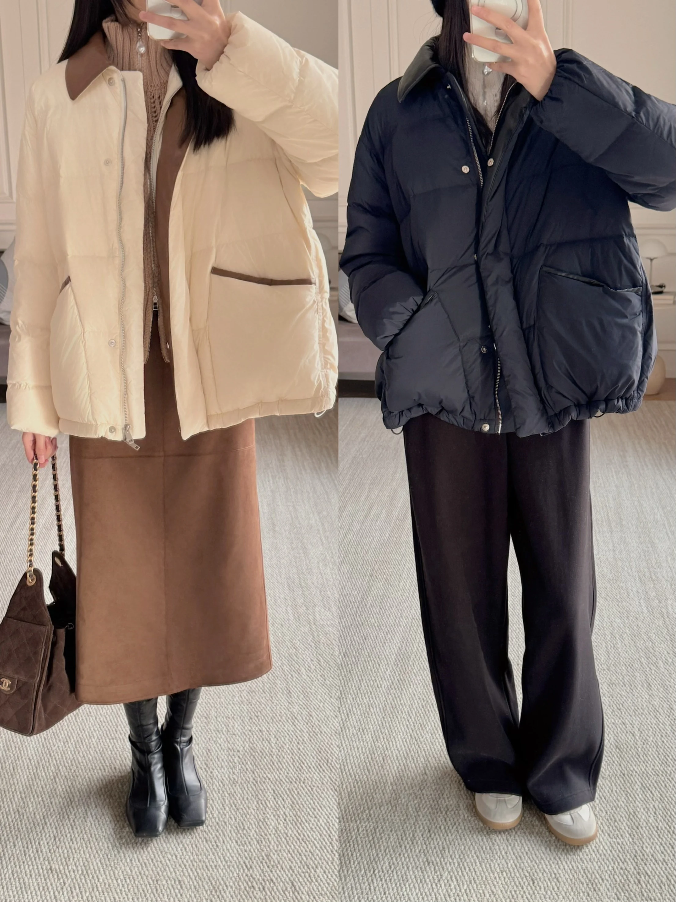 

Loose Du down Jaet Retro Leather Collar Patchwork Turtle Ba Sensation Casual Sle Zipper round Ne Warm Thiened Coat