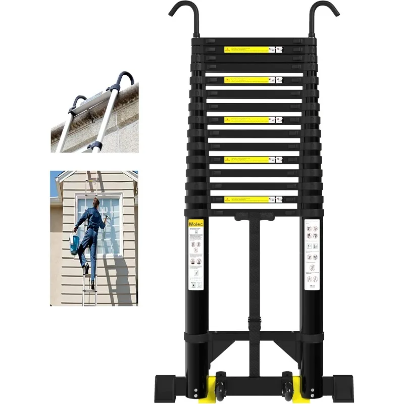 Telescoping Ladder, 20.3FT Aluminum Portable Extension Ladder w/Hooks, Stabilizers& Wheels, 330lbs Capacity, Collapsible Design,