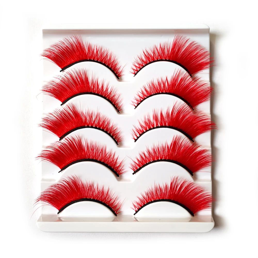 3D 밍크 인조 속눈썹, 레드 핑크 블루 그린 퍼플 컬러 속눈썹, 레인보우 섬모 블랙 밴드, 부드러운 수제, 5 쌍 색상