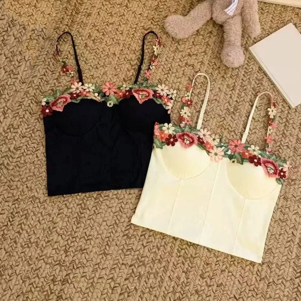 

Elegant Spicy Girl Style Flower Camisole Sleeveless Sweet Flower Crop Top Slim Fit Y2K Embroidery Short Vest Women