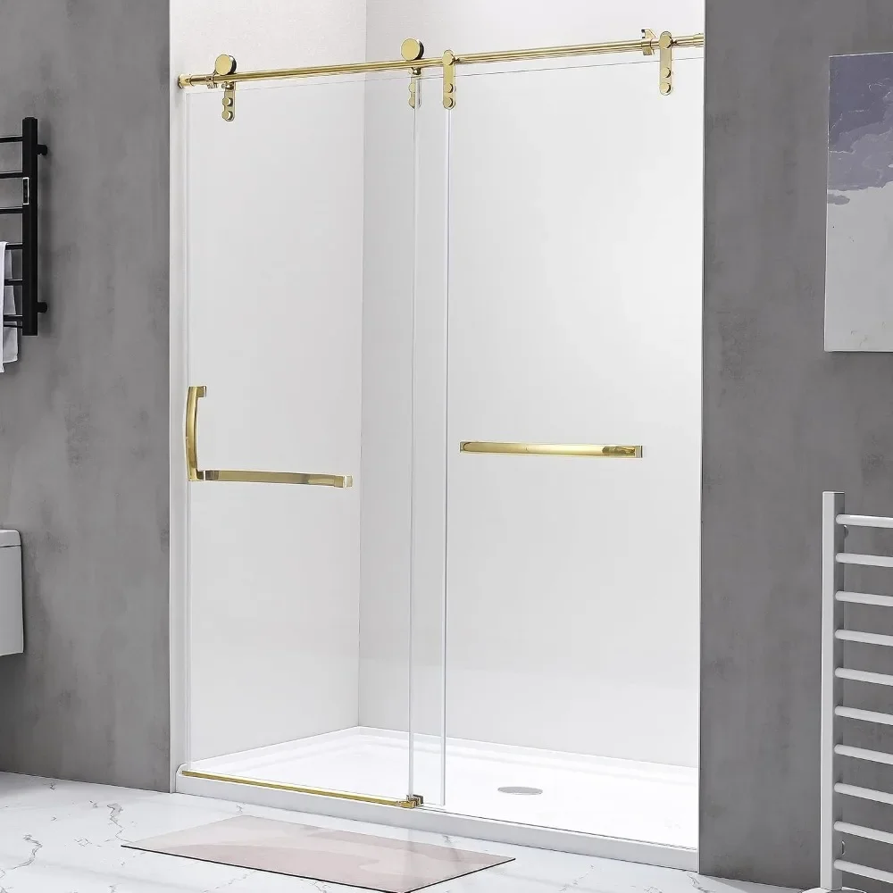 56-60.in W x 75.in H Shower Glass Door (8mm) Clear Tempered Glass Gold Frameless Sliding Shower Door with Additional Towel Bar