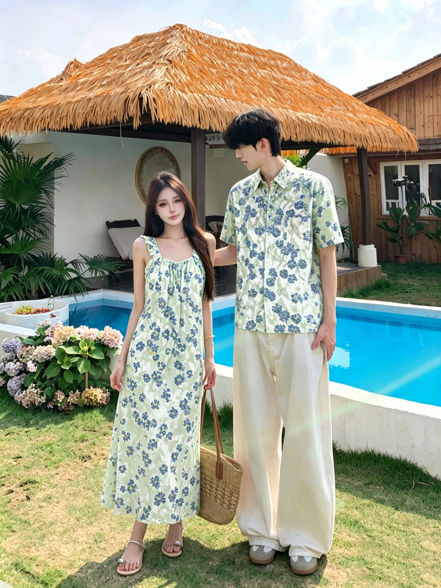 Vestido Floral de Verão para Casais, Estilo Praia e Férias, Fresco e Leve, com Cintura Ajustável e Efeito Emagrecedor, Tomara...