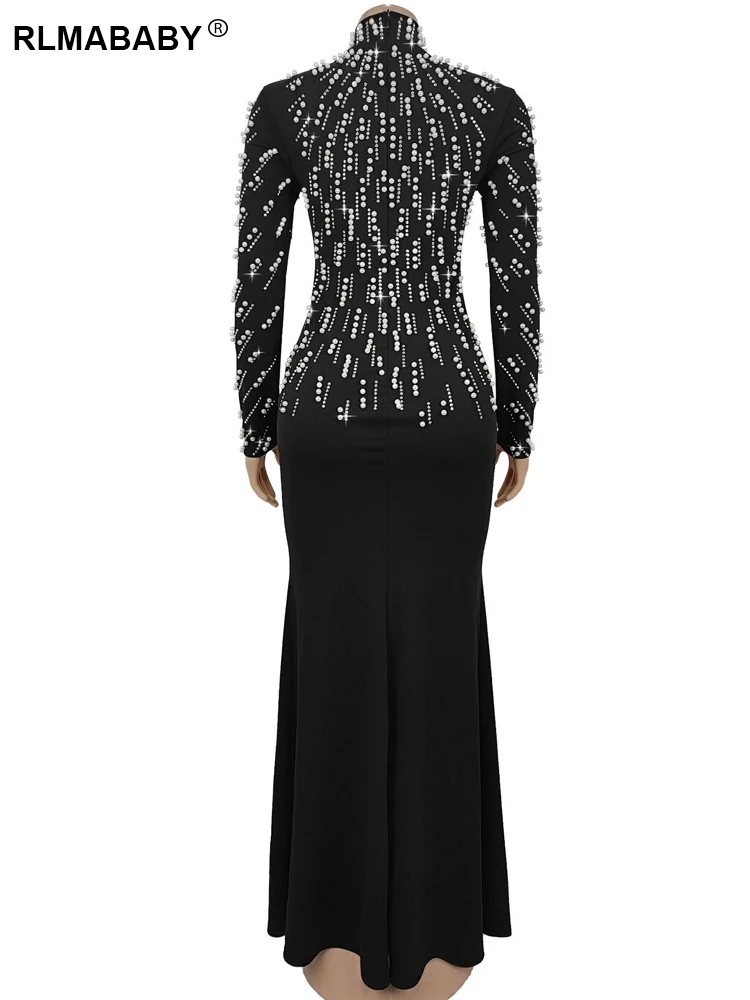 RLMABABY Elegant Party เพชรชุดยาวผู้หญิง O คอยาวแขนยาว Glitter Club ชุดราตรีสีดํา Sheath Maxi ชุด
