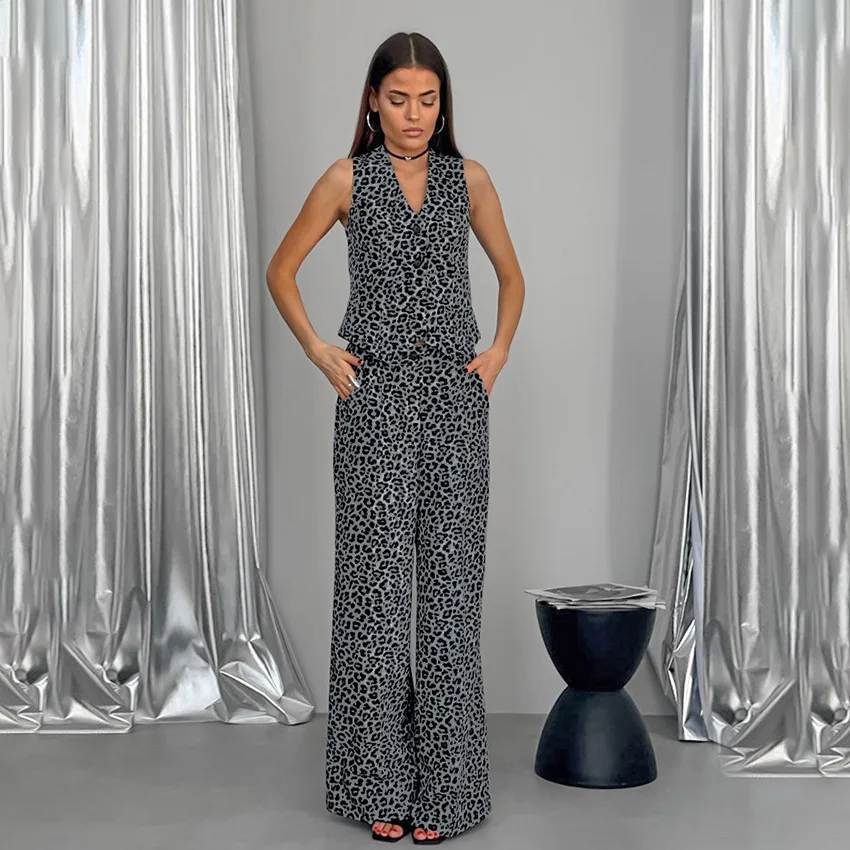 Street Retro Leopard Print Suit Spring New Casual Vest Trousers Two-piece Set Design Sense Women's Clothing