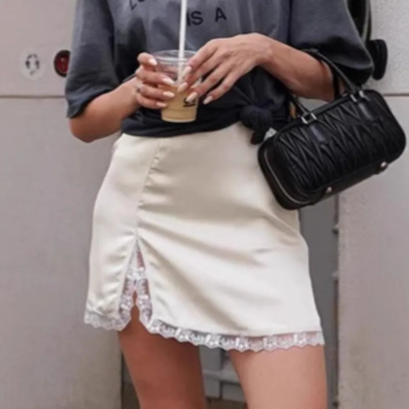 

Tuularose Women Satin Skirt Elegant Solid Lace Patchwork High Waist Skirt Fashion High Street Slit New Female Mini Skirt Outfits