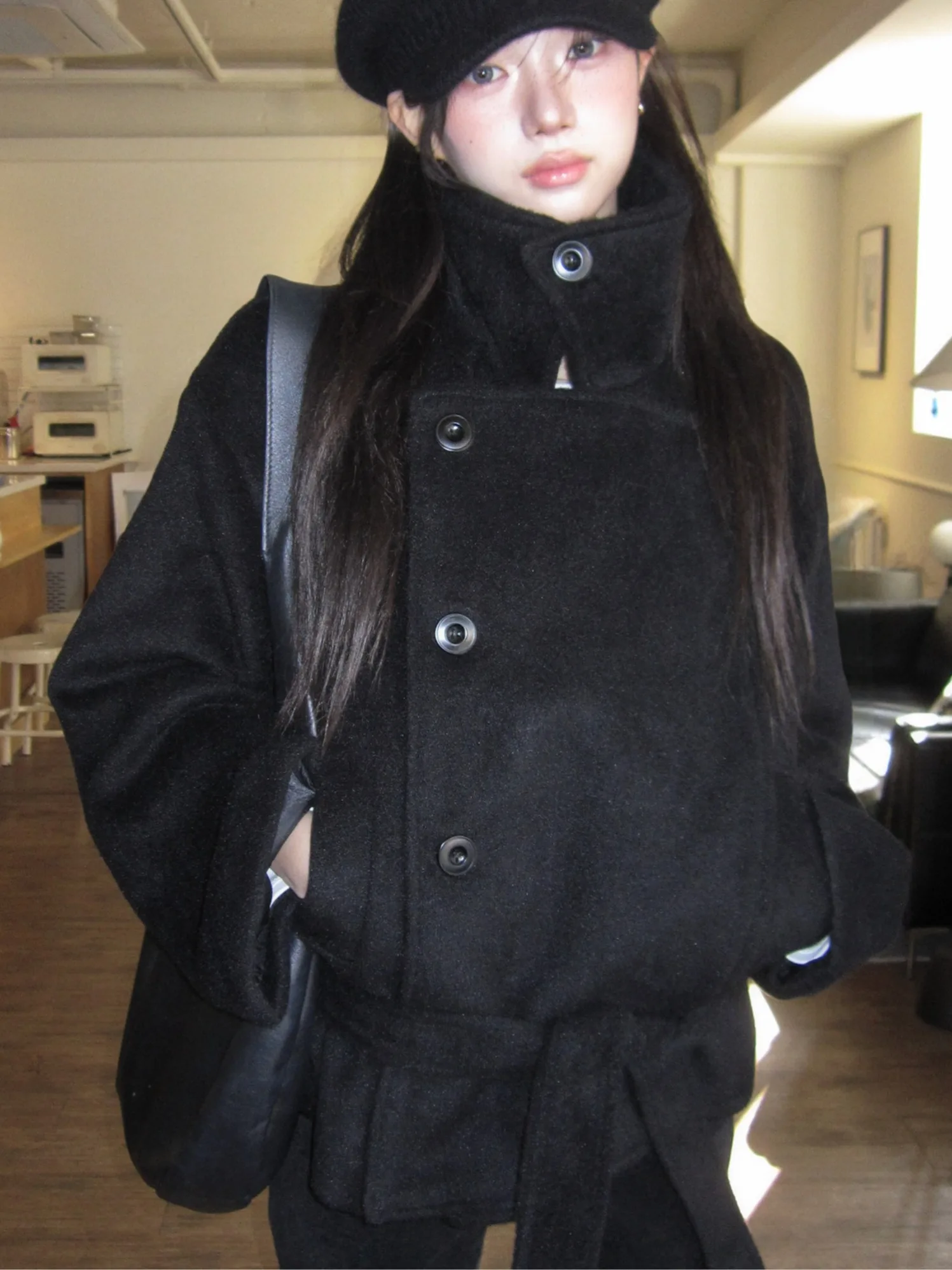 

Новое женское зимнее шерстяное пальто Ele Cotton Woolen с поясом, приталенное, теплое, для повседневной носки, с длинными рукавами