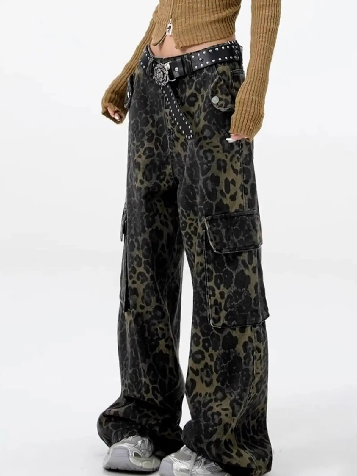 Y2K Women Denim Work Pants High Waist Wide Leg Leopard Print Large Pocket Trousers Retro Vintage Fashion Casual Streetwear