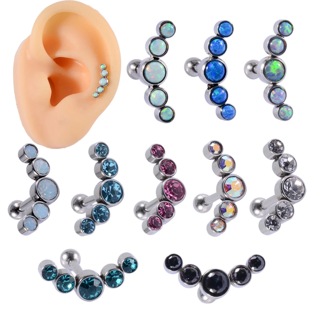 1PC Surgical Steel Five Opal Ear Tragus Cartilage Stud Helix Piercing Earrings Crystal Ear Lobe Piercing  Barbell Jewelry