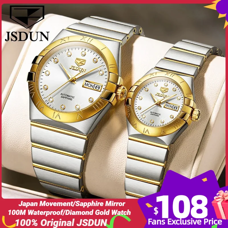 

JSDUN Automatic Couple Watches Japan Movement Sapphire Mirror 100M Waterproof Luxury Diamond Gold Watch Lover's Watch Set Gift