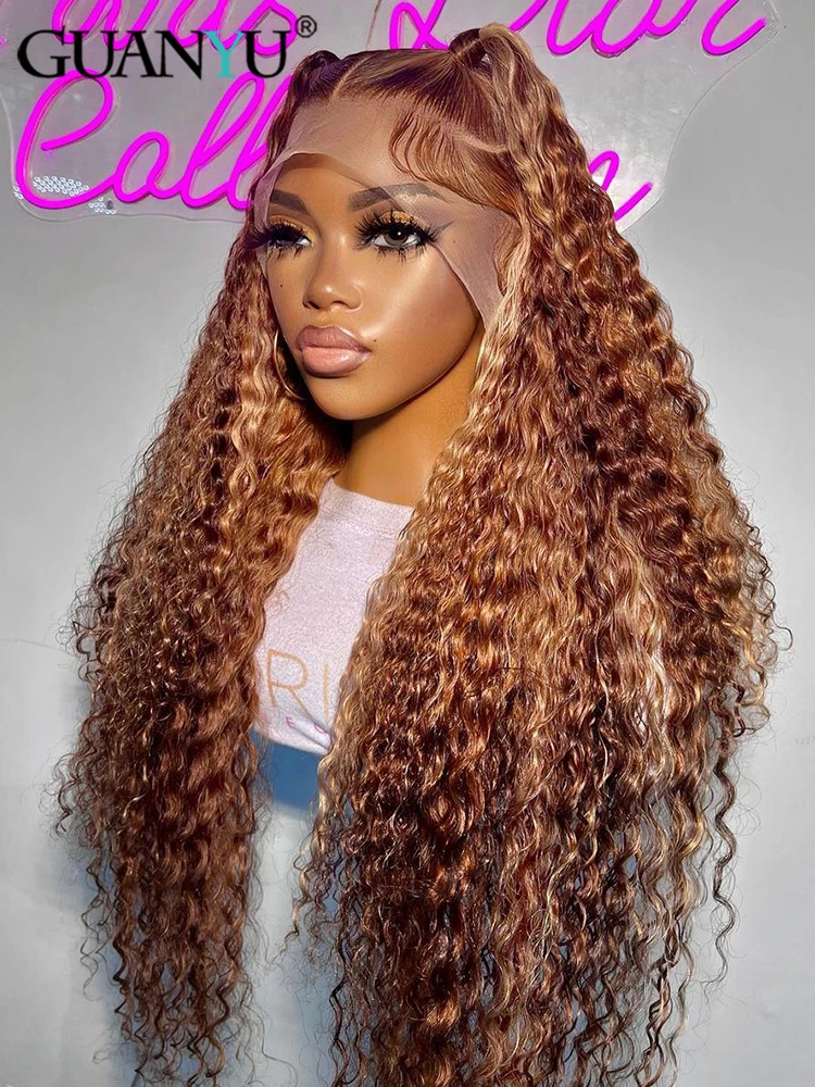 30 32Inch 4/27 Highlight Lace Front Wig Deep Wave Honey Blonde 13x6 HD Transparent Curly Human Hair Lace Frontal Wig