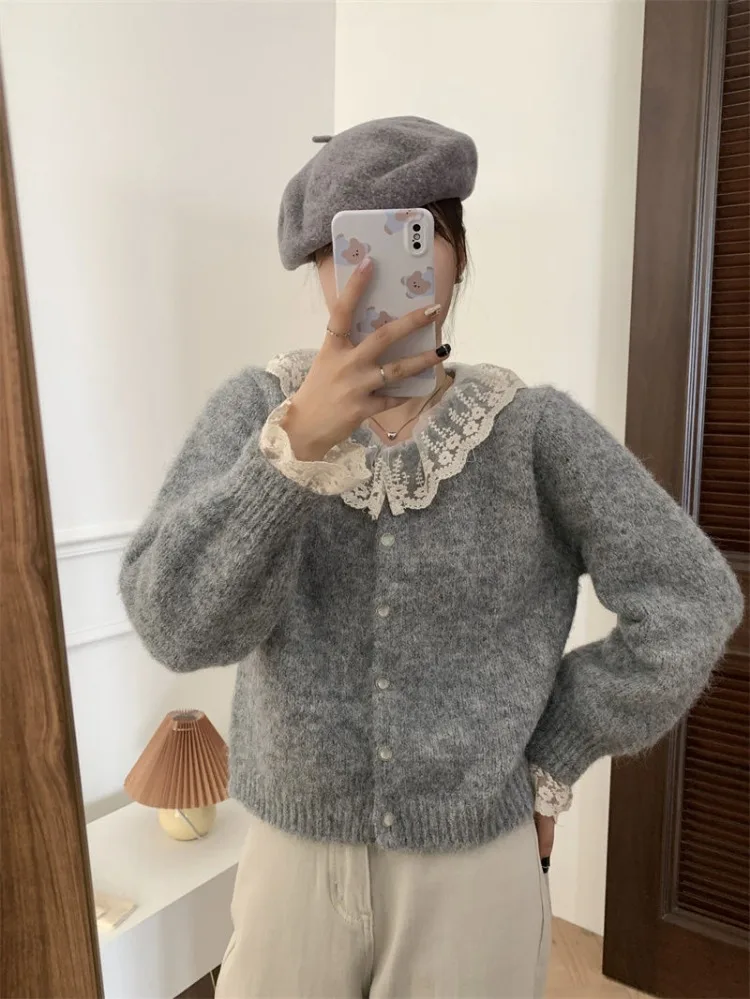 Ezgaga Knitted Cardigan Women Sweet Elegant Lace Patchwork Outwear Stretch Sweater Peter Pan Collar Autumn Winter Female