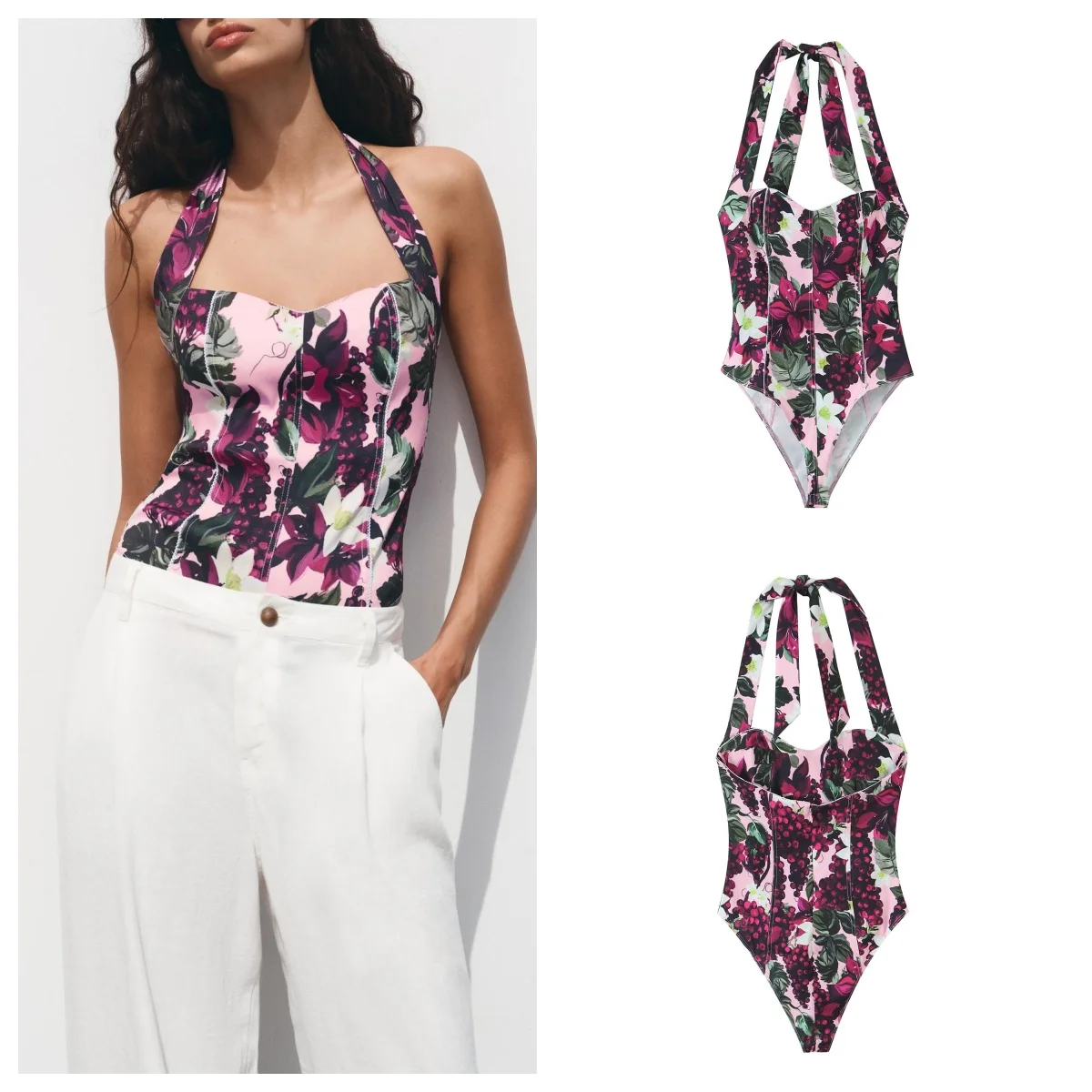 

European and American style 2025 summer new style printed halter neck backless trouser-less slim-fitting jumpsuit