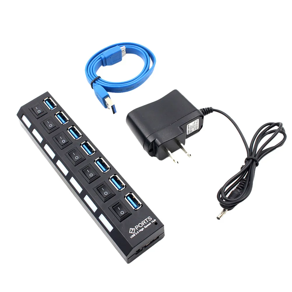 7-Port USB 3.0 Hub High-Speed 5Gbps Data Transfer Splitter LED Indicator Compatible