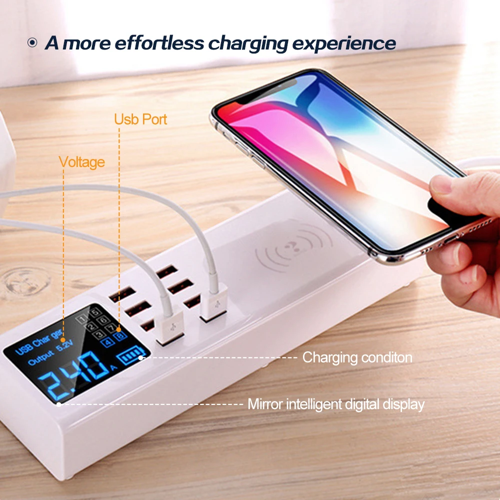 8 Ports LED Display USB Charger Wireless Charger Fast Charging Station Phone Charger Adapter For iPhone Xiaomi Samsung Huawei