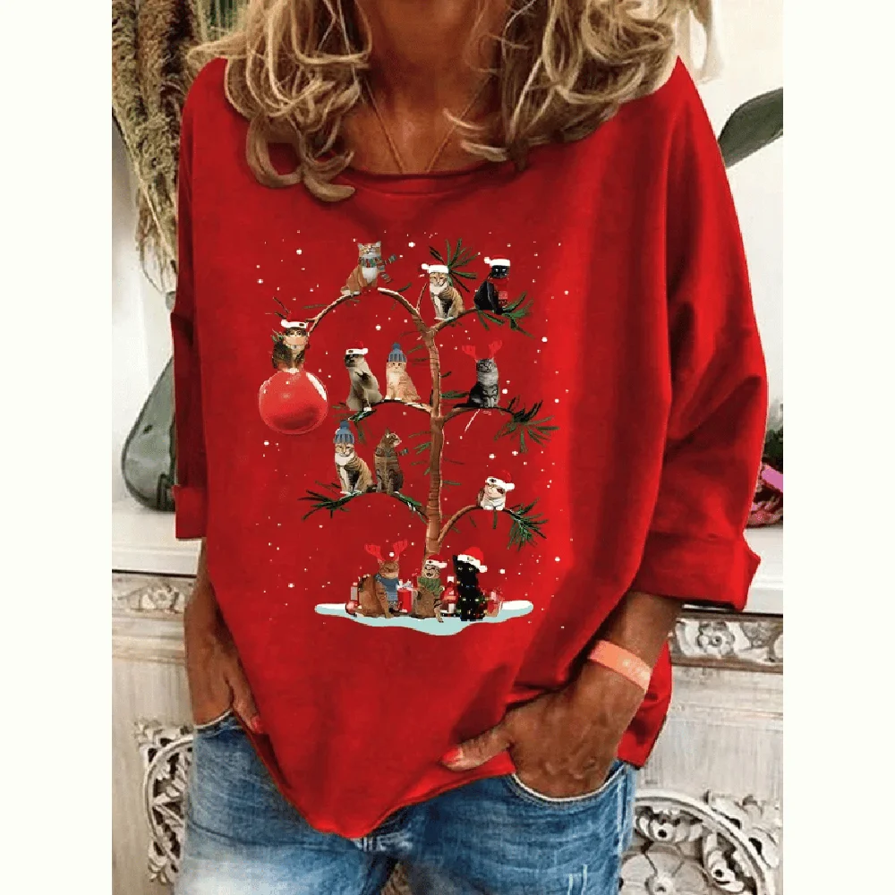 Women\'s Christmas Print Long Sleeve Cotton T-Shirts Christmas Print Top Casual Women\'s Oversized Clothes Autmun Crew Neck Tops