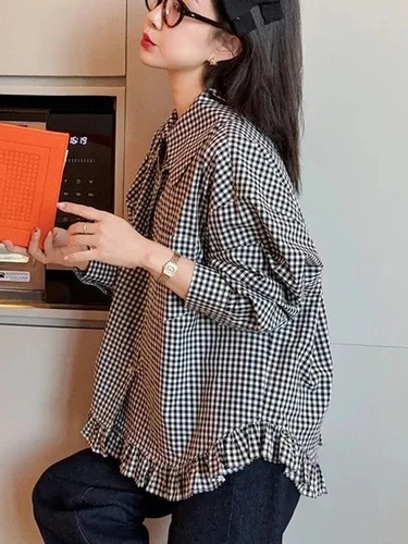 Camisa a cuadros negra Vintage para mujer, blusa holgada de manga larga de estilo pijo, Tops informales Retro bonitos que combinan con todo para mujer, novedad