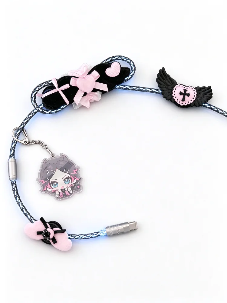 Custom Handmade 1.3m 8k Aviator Cable Usb-c White Light Bow Wing Cross Anime Pendant  Mechanical Keyboard Data Cable