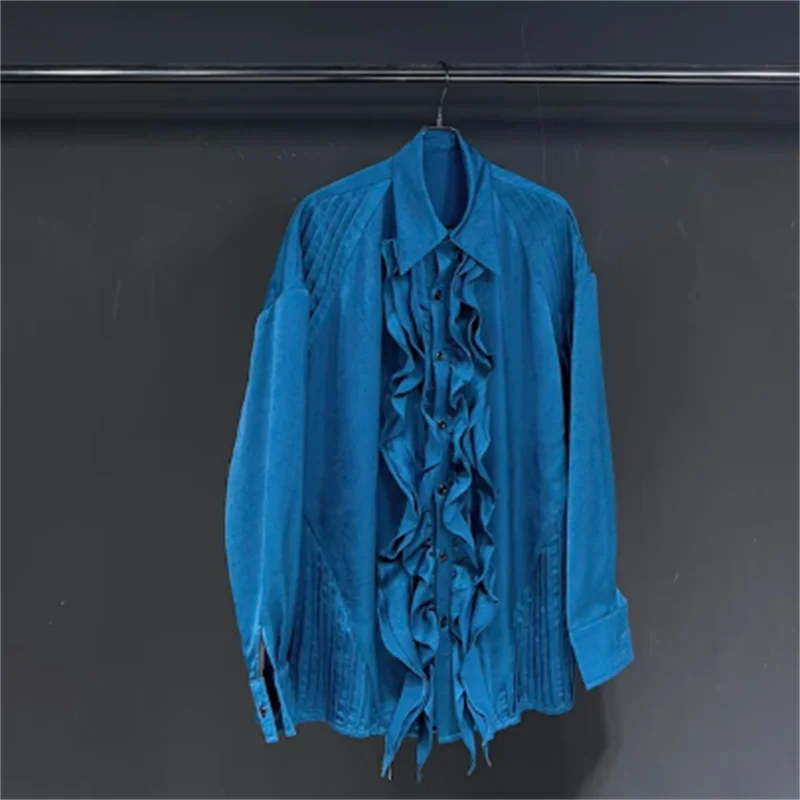 Sky blue original design 2024 autumn new ruffled shirt high quality all-match long sleeve top