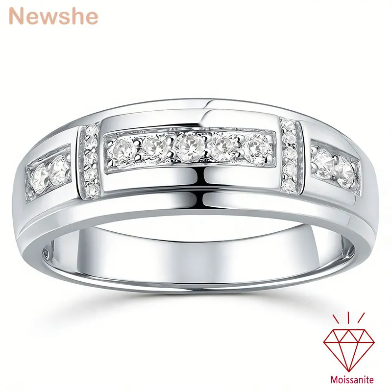 Newshe Zertifizierte Moissanit-Ringe für Herren, D-Farbe, VVS1, Brillanter Ehering, Hochwertiger Weißgold-plattierter Schmuck