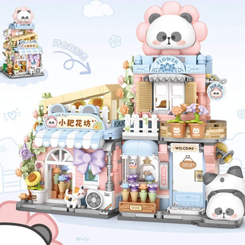 ใหม่ Panda ร้านอาหาร Taiyaki ร้านดอกไม้ Street View Shop อาหาร House Building Blocks ชุดสาวอิฐชุดของเล่นเด็กเด็ก