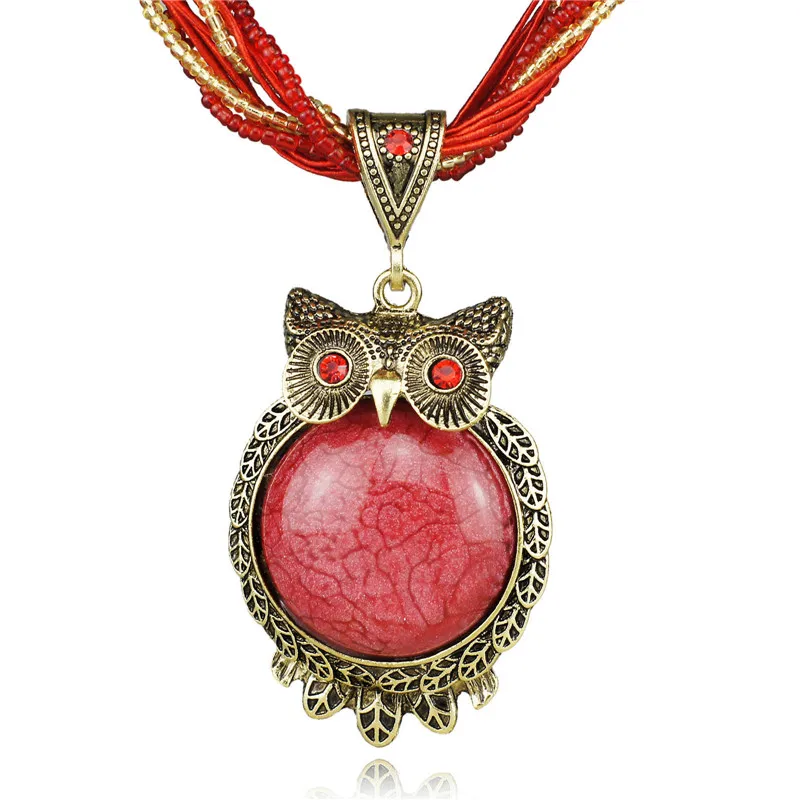 Fashion Chic Hot Owl Lovely Round Gem Bronze Glass Beads Pendant Clavicle Necklace B044