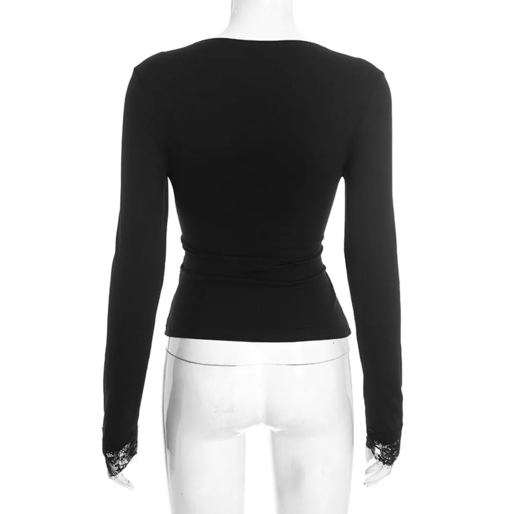Fashion Lace Patchwork V-Neck Top Sexy Solid Color Waist Exposed Top Bodycon Pullover Top Fall Fashion