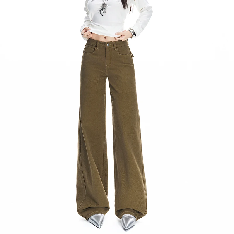 Autumn Wide leg Jeans For Women High Waist Vintage Khaki Stretch Denim Pants Straight Leg Office Lady Long Trousers Flap Pockets