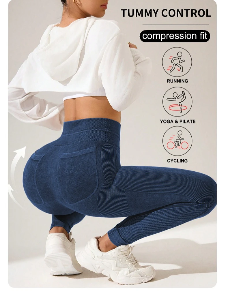 Damen Schnelltrocknende Yoga-Leggings mit Taschen, Hoher Taille, Po-Lifting-Effekt, Strukturierte Hüftformende Lauf- und Fitness-Sporthose – Detail 6