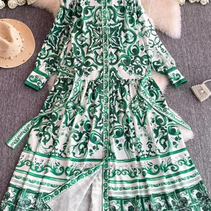 مدرج أحمر أزرق وأبيض طباعة البورسلين عطلة فستان ماكسي المرأة واحدة الصدر فضفاضة الدانتيل حزام رداء طويل اللباس أعلى 6 فساتين زيت أزرق مبيع - رقم 4