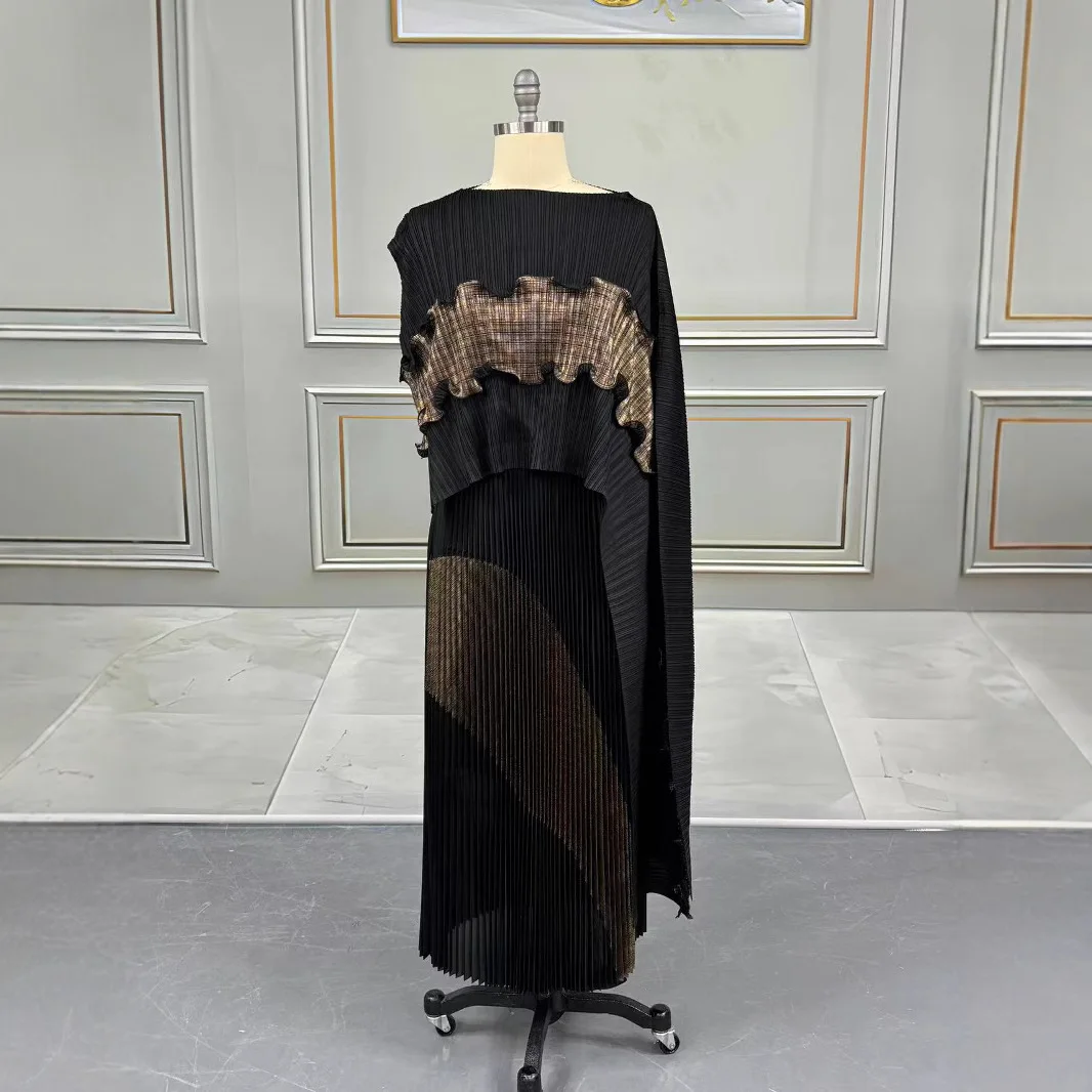 Summer Fashion Pleated Two Piece Set for Women 2024 New Irregular Shawl Top + Long Elastic Waist Swing A-line Skirt