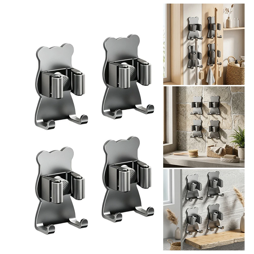 Grey Stainless Steel Mop Hook No Drill Strong Wall Mount For Broom And Cleaning Tool Storage Bathroom Kitchen Organizer