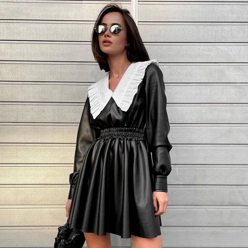 

2024 Autumn and Winter Women's New Pu Leather Skirt Dress Doll Collar Waist High Waist Long Sleeve Black Punk Street Girl Cute