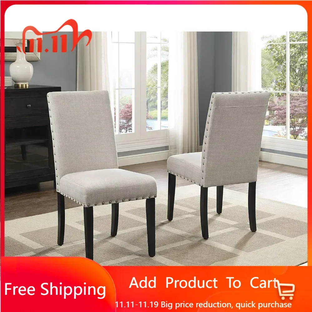 Tan Fabric Dining Chairs with Nailhead Trim