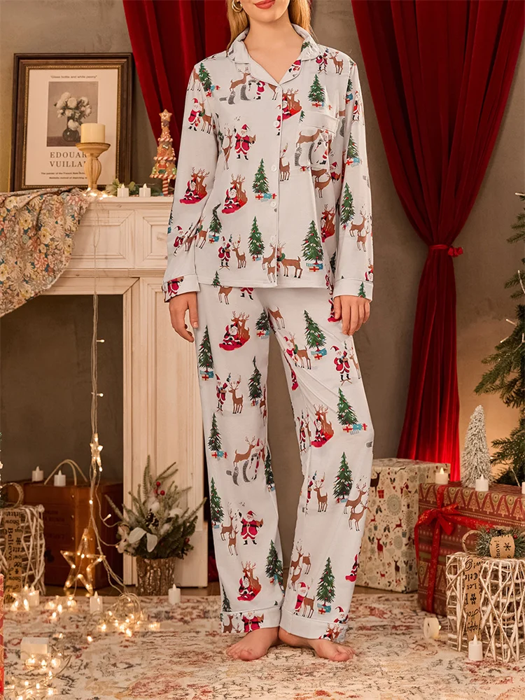 CHRONSTYLE Women Christmas Pajama Sets Reindeer Tree Print Lapel Neck Button-up Long Sleeve Shirts Tops Long Pants Lounge Outfit