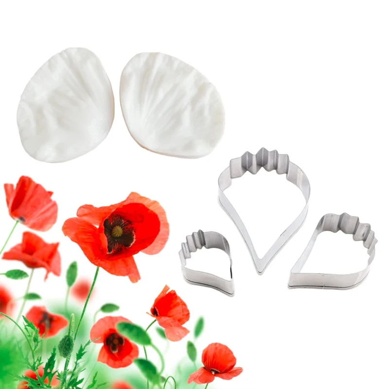 5PCS Poppy Flower Petal Veiner &Cutter Silicone Mold Fondant Gumpaste Candy Mould Cake Decorating Tools ,Sugarcraft Mold CS284