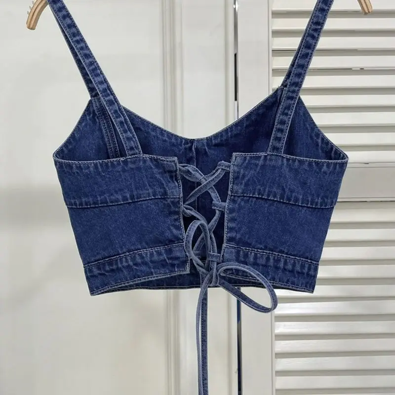 Y2k Denim Camis Frauen Sexy Bandage Crop Tops Zarte Hotsweet Sommer Einfache Mode Ärmellose Mädchen Ulzzang Alle-spiel Kleidung