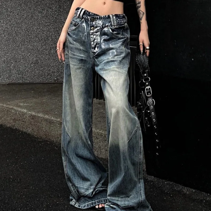 Y2K Fashion Trend New American Spice Girls Make Old Jeans Wome Streetwear Clothes Oversize Irregular Hot Silver Wide Leg Pants