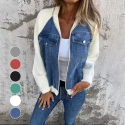 Women's Jacket Creative Denim Splicing Jacket Zipper Layered Casual Jean Jacket Coat with Decor Fake Pockets