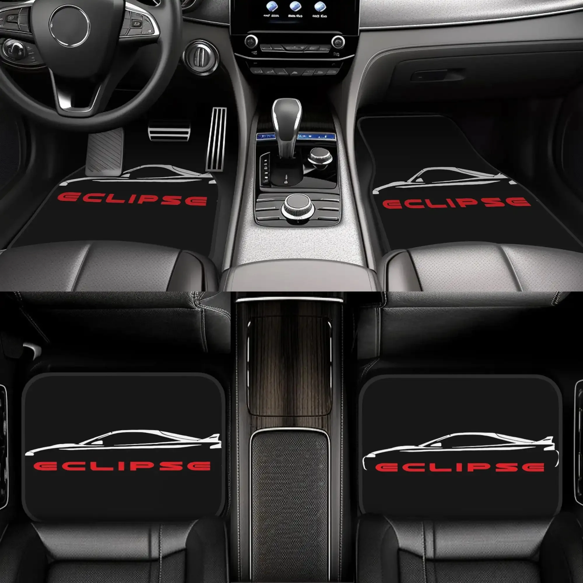 4pcs ECLIPSE Car Floor Mats - Durable Polyester Fiber, Fit For Cars, Playful Design With Red & Logo, Non-Slip Grip, Easy-Clean S