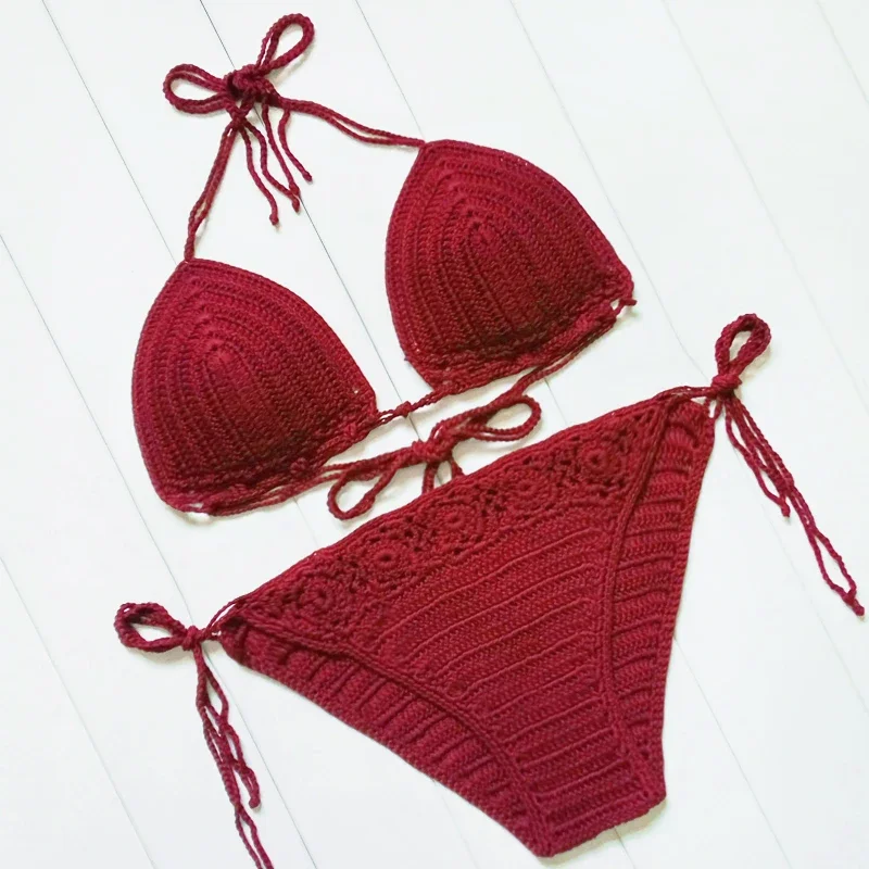 Bikinis rojos de algodón para mujer, conjunto de Bikini Sexy de ganchillo, sujetador acolchado liso verde, traje de baño para tomar el sol, traje de baño triangular con cuello Halter para playa