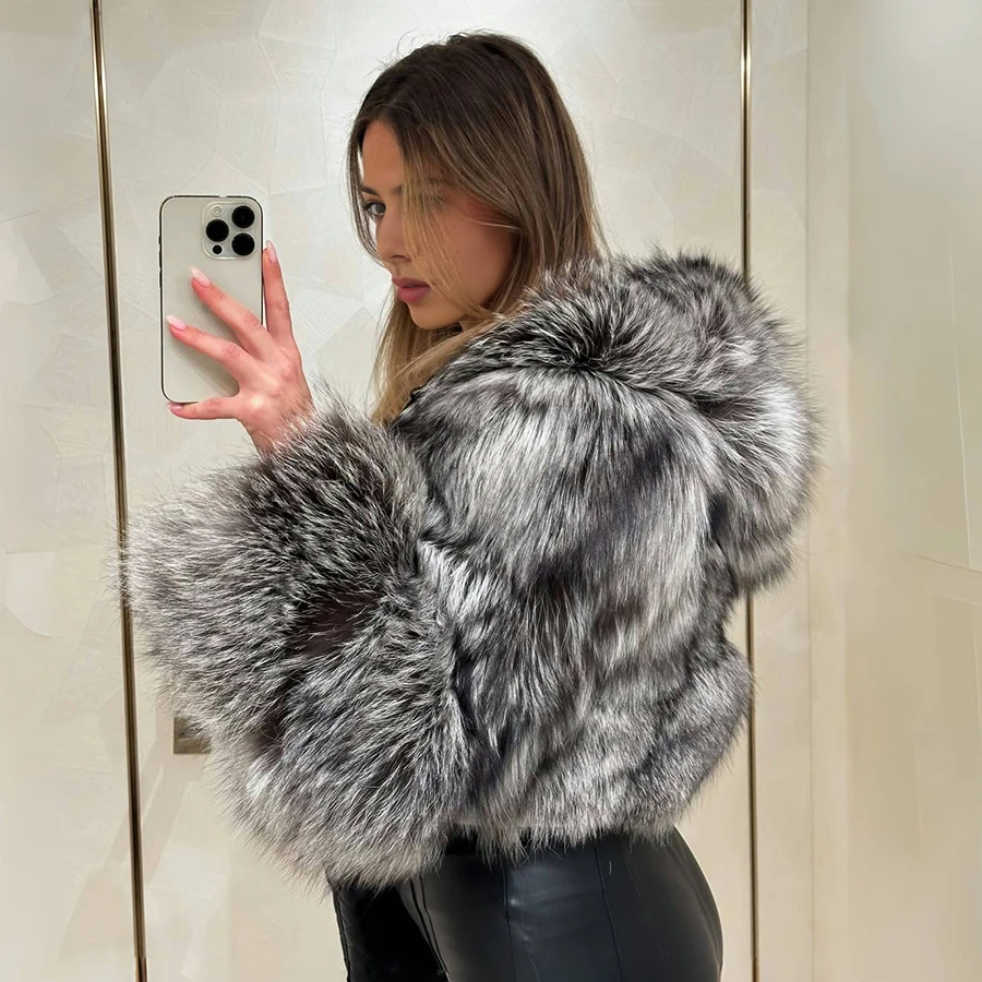 Manteau de fourrure de renard naturel, manteau court en vraie fourrure, offre spéciale